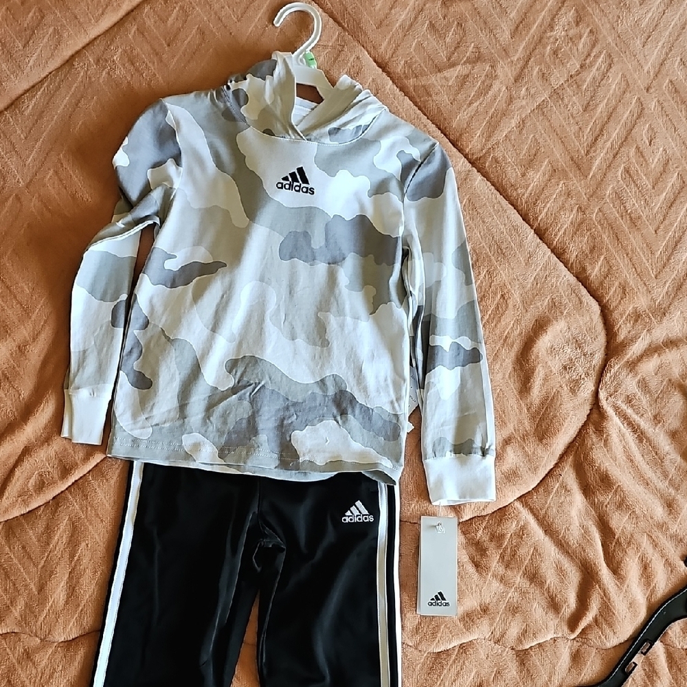 Adidas Gray Camouflage Hoodie and Black Track Pants